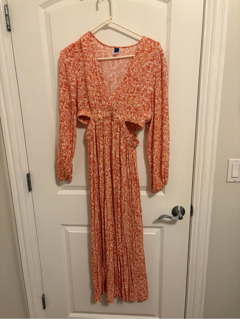 Boho Orange Floral Maxi Dress - Women's Long Sleeve V-Neck